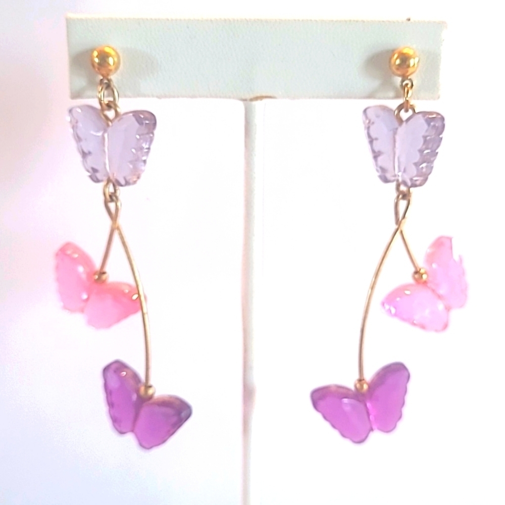 Earrings 3 Butterflies Purple Pink Whimsical Fairy Femine dangle Gold wire